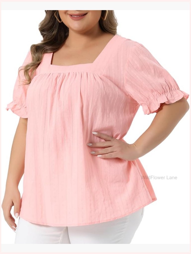 Women's Plus Size Square Neck Ruffle Sleeve Pleated Blouse Summer Top